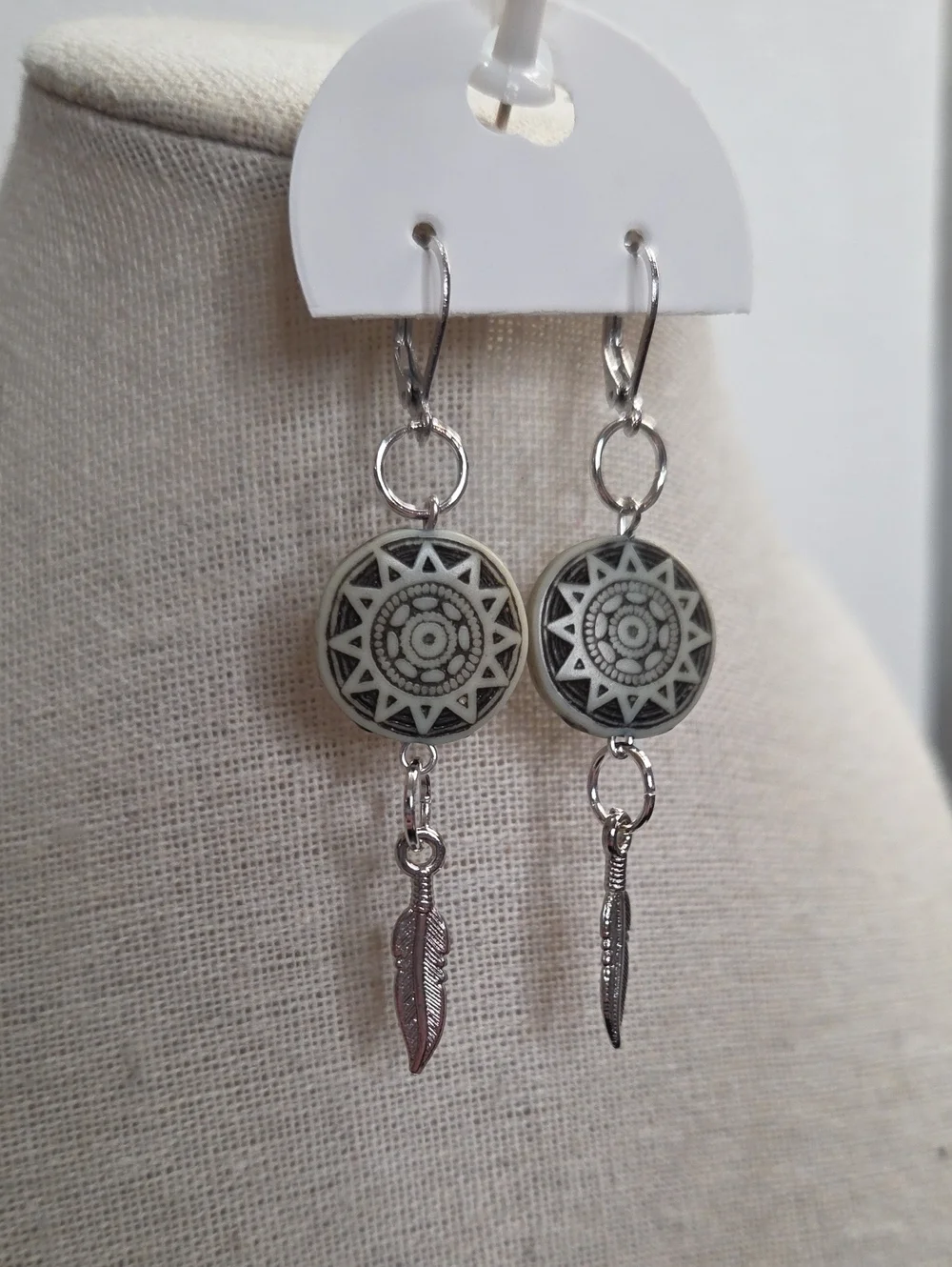 Handcrafted Black Cream Celtic Disc Silver Feather Pierced Earrings Boho Unique
